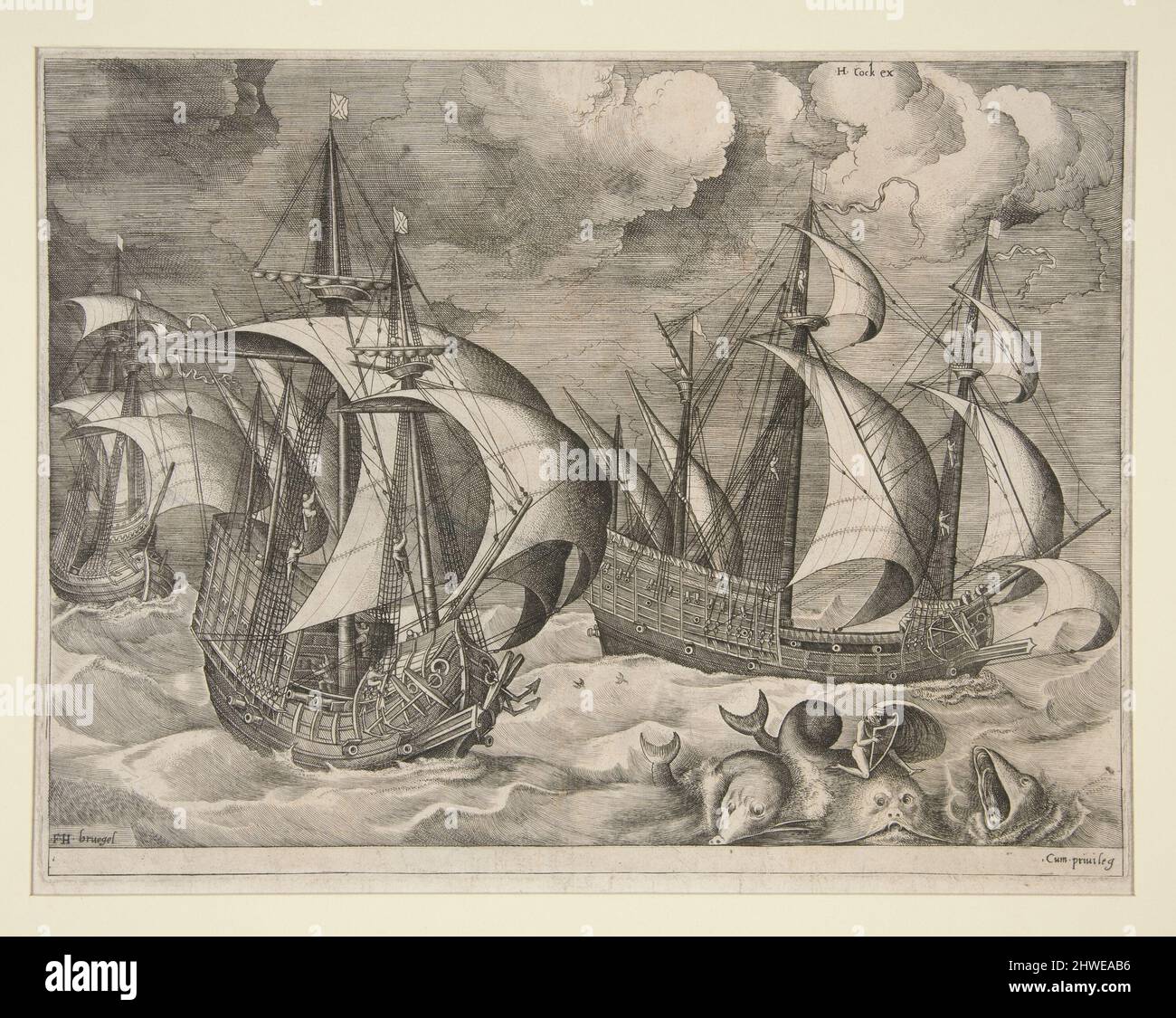 Drei Karavellen in einer aufsteigenden Truppe mit Arion auf einem Delphin. Kupferstecher: Frans Huys, Flämisch, ca. 1522–vor 1562After: Pieter Brueghel der Ältere, Flämisch, ca. 1525–1569 Stockfoto