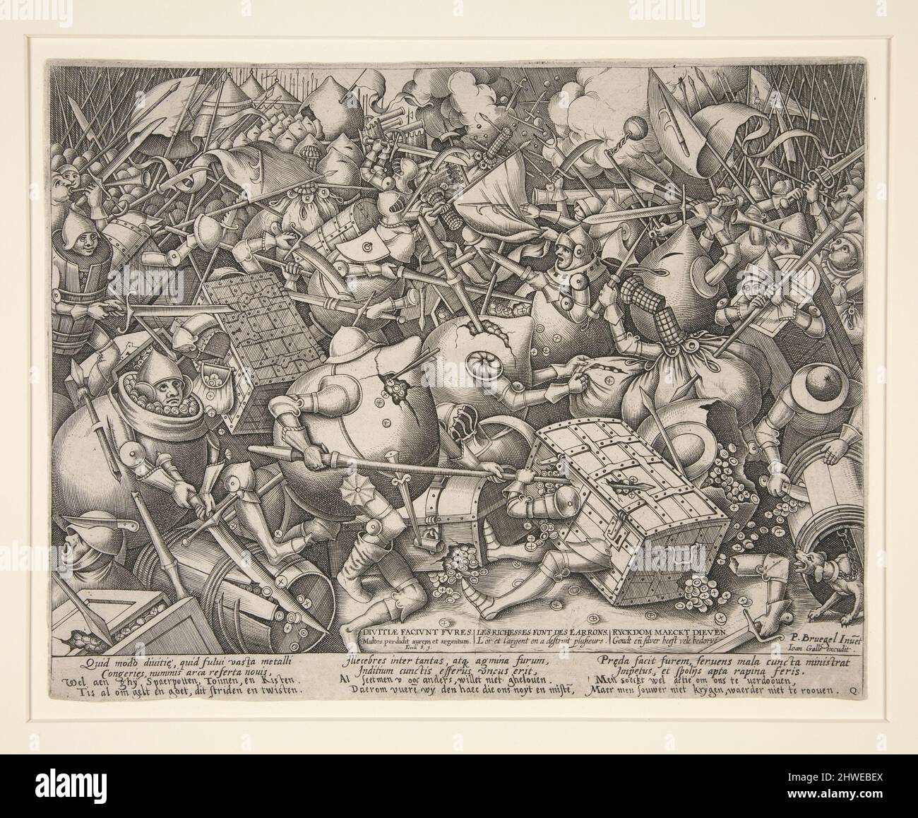 Kampf der Geldbeutel und der starken Kästen. Kupferstecher: Pieter van der Heyden, Flämisch, 1530–1572After: Pieter Brueghel der Ältere, Flämisch, ca. 1525–1569 Stockfoto