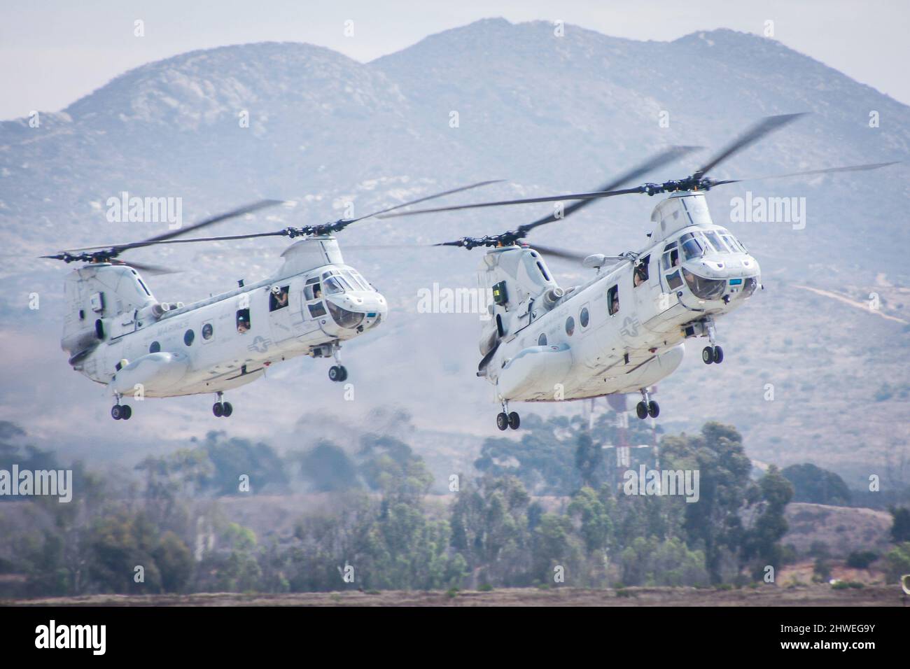US Army Boeing CH46 Transport Hubschrauber Formation Landung im Kampfgebiet bringt Hilfstruppen Stockfoto