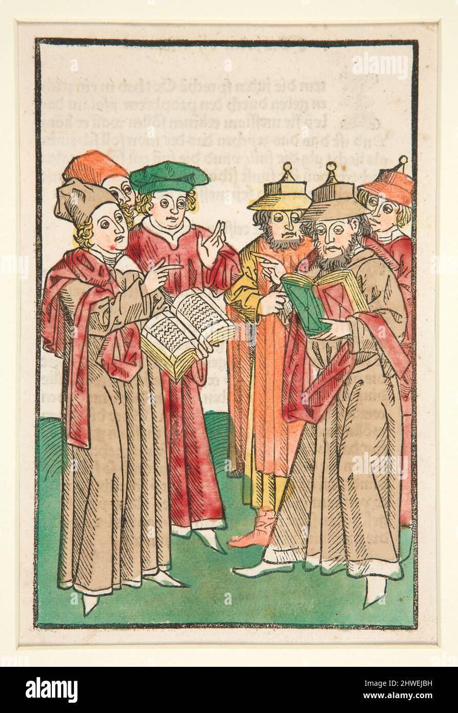 Drei christliche und drei jüdische Gelehrte streiten, Illustration aus der Seelen-Wurzgarten. Künstler: Unbekannt Stockfoto