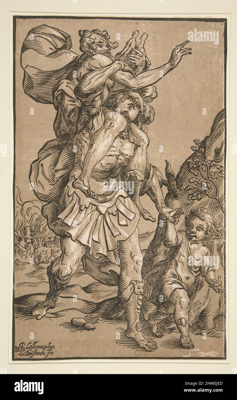 Aeneas rettet seinen Vater vor dem brennenden Troja. Holzfäller: Ludwig Büsinck, deutsch, 1590–1650After: Georges Lallemand, französisch, ca. 1580–1636 Stockfoto