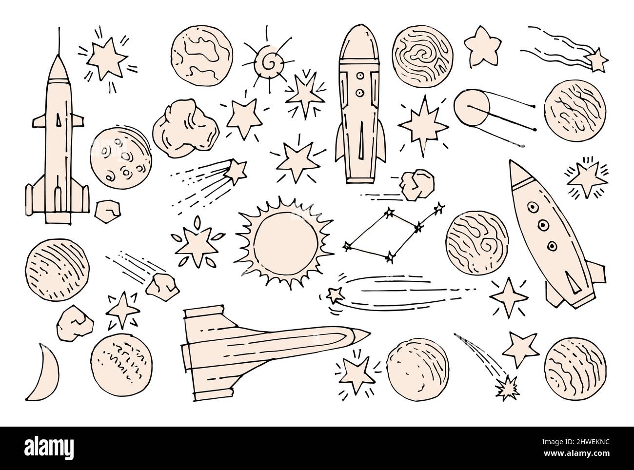 Große Gruppe von Raumobjekten. Planeten und Sterne. Schönes Weltraumobjekt. Einfache Doodle-Zeichnung im kindischen Stil. Skizze umreißen. Handzeichnung isoliert Stock Vektor