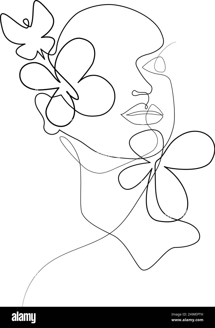 Umrisszeichnung eines weiblichen Gesichts mit Schmetterling und Blumen, die mit einer durchgehenden Linie gezeichnet sind. Von Hand gezeichnet. Moderne einzeilige Kunst, weibliches Porträt, ästhetische Umrisse. Tolles Poster, Tasche, Aufdruck, Aufkleber, Logo. Stock Vektor