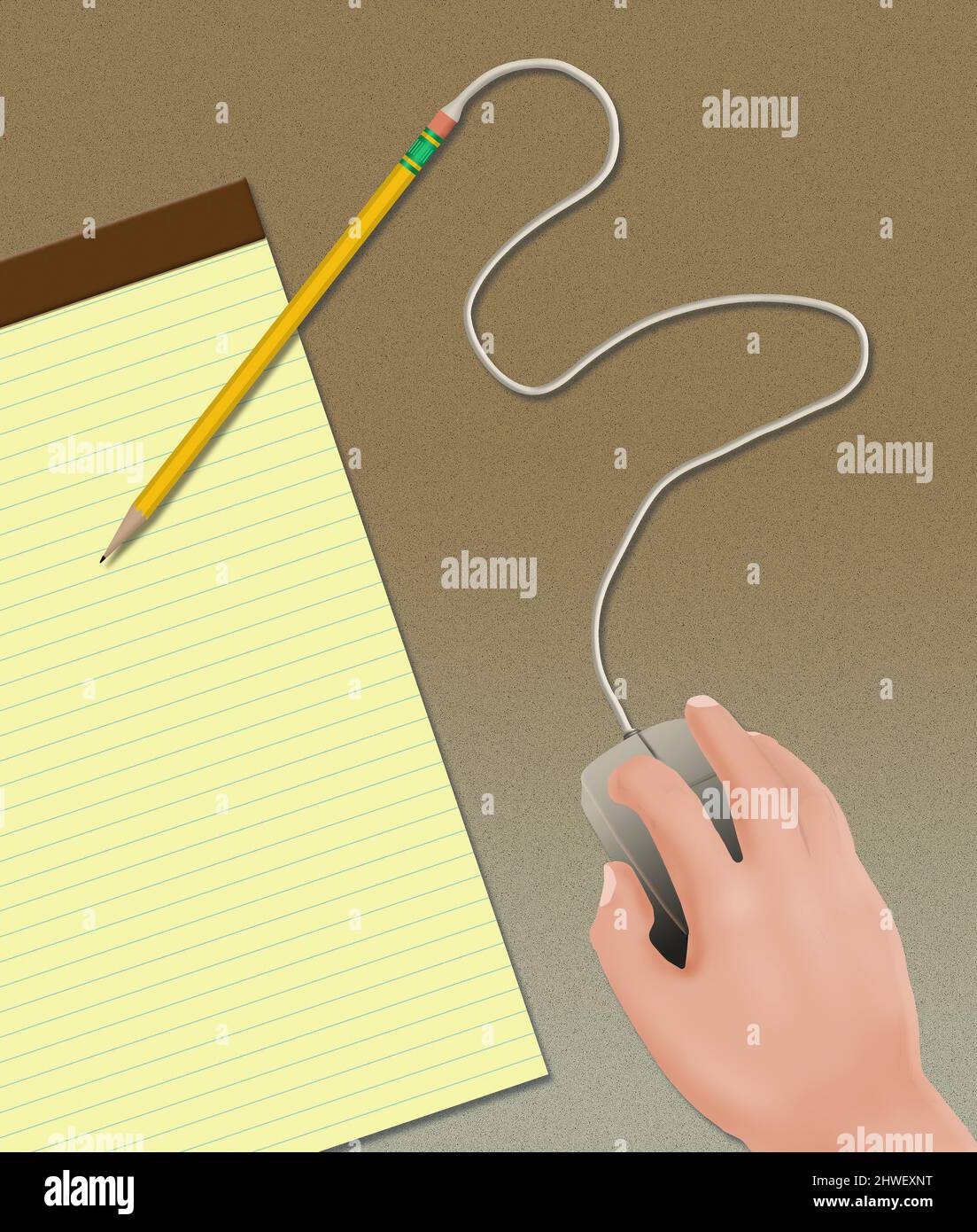 Hand betreibt einen Computer Maus mit einem Bleistift in der Abbildung im Anhang über die alten Wege gegen die neue Technologie. Stockfoto