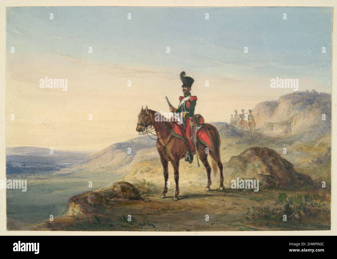 Berittene Soldaten in felsigem Gelände mit Wachen in der Ferne. Künstler, zugeschrieben: Henry Martens, Brite, gestorben 1860 Stockfoto