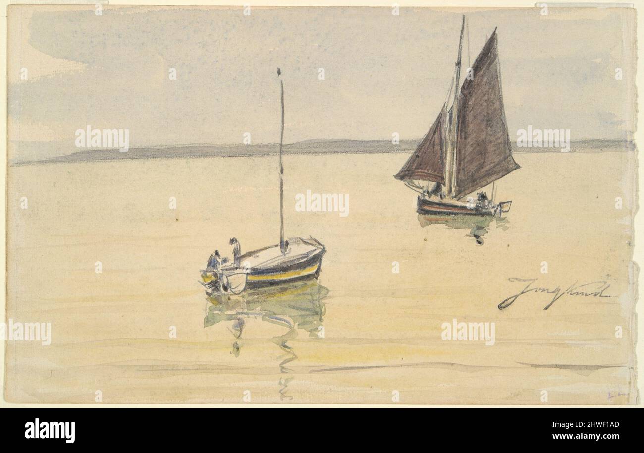 Zwei Fischerboote auf ruhigem Wasser (recto); zwei Segelboote auf ruhigem Wasser (verso). Künstler: Johan Barthold Jongkind, Niederländisch, 1819–1891 Stockfoto