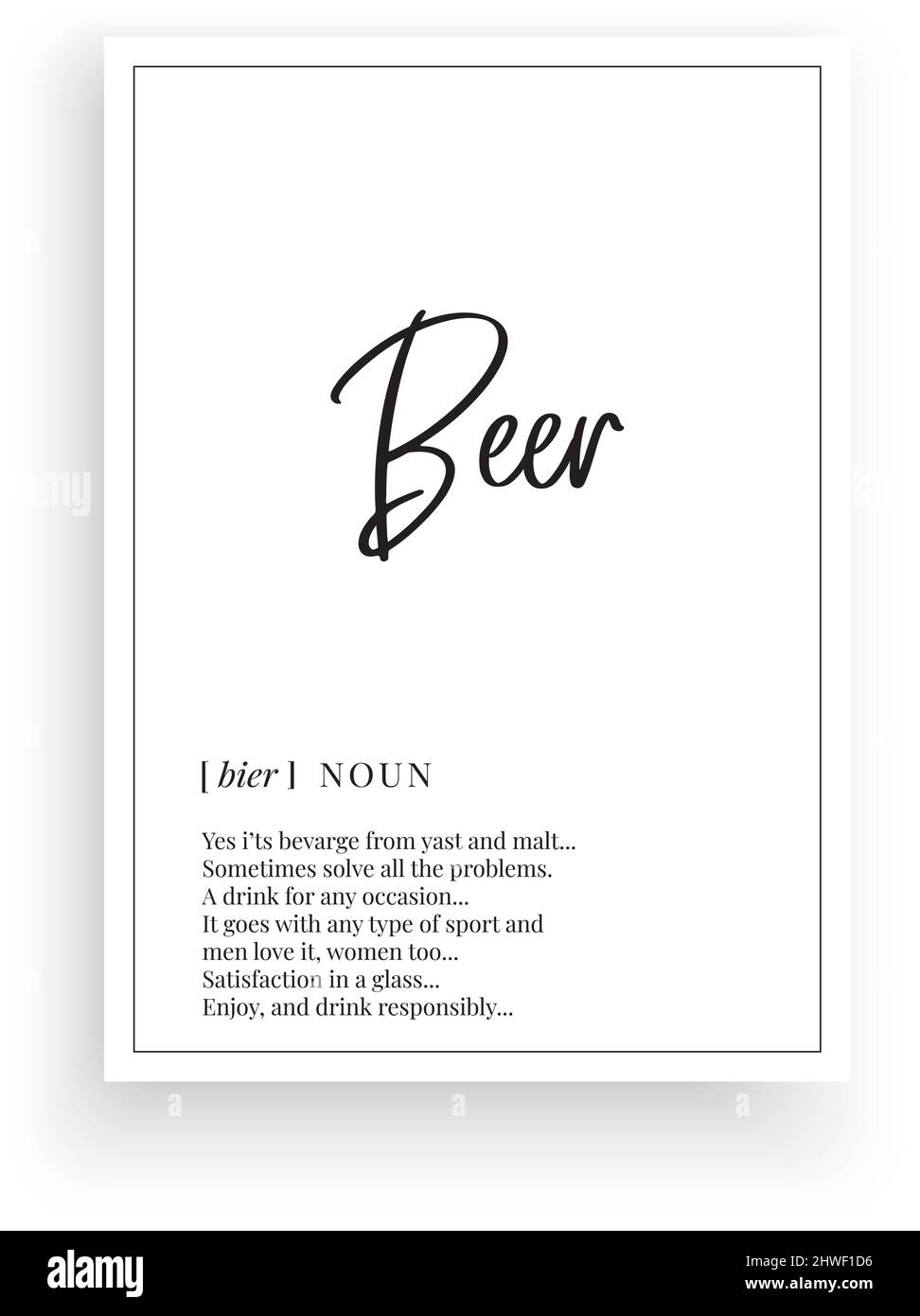 Bierdefinition, Vektor. Minimalistisches Posterdesign. Wandtattoos, Beschreibung des Biernomen. Wording-Design isoliert auf weißem Hintergrund, Schriftzug Stock Vektor