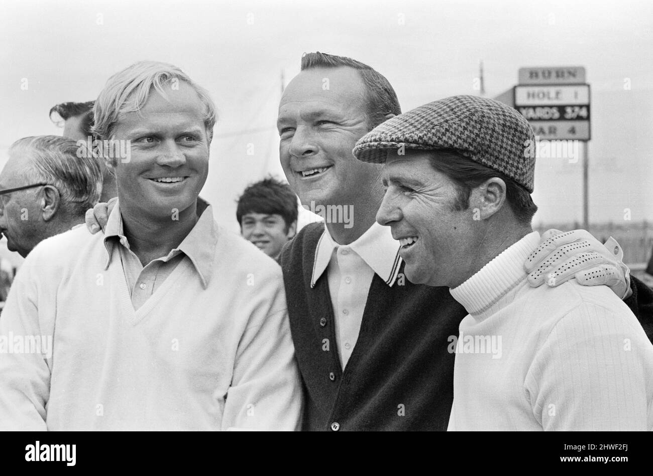 British Open Golf Turnier auf dem Old Course in St Andrews, Schottland vom 8.. Bis 12.. Juli 1970 statt. Die großen drei: Von links nach rechts: Jack Nicklaus, Arnold Palmer und Gary Player. Foto aufgenommen: Juli 1970. Stockfoto