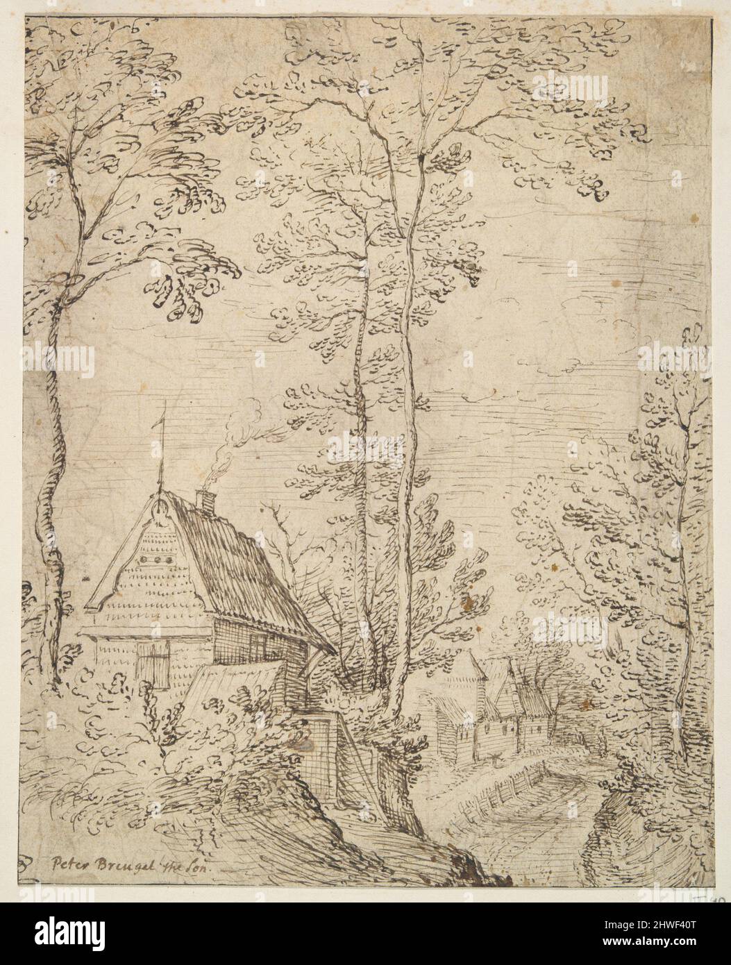 Haus auf einem Hügel mit Straße nach rechts. Künstler, Schule von: Pieter Brueghel der Ältere, Flämisch, ca. 1525–1569 Stockfoto