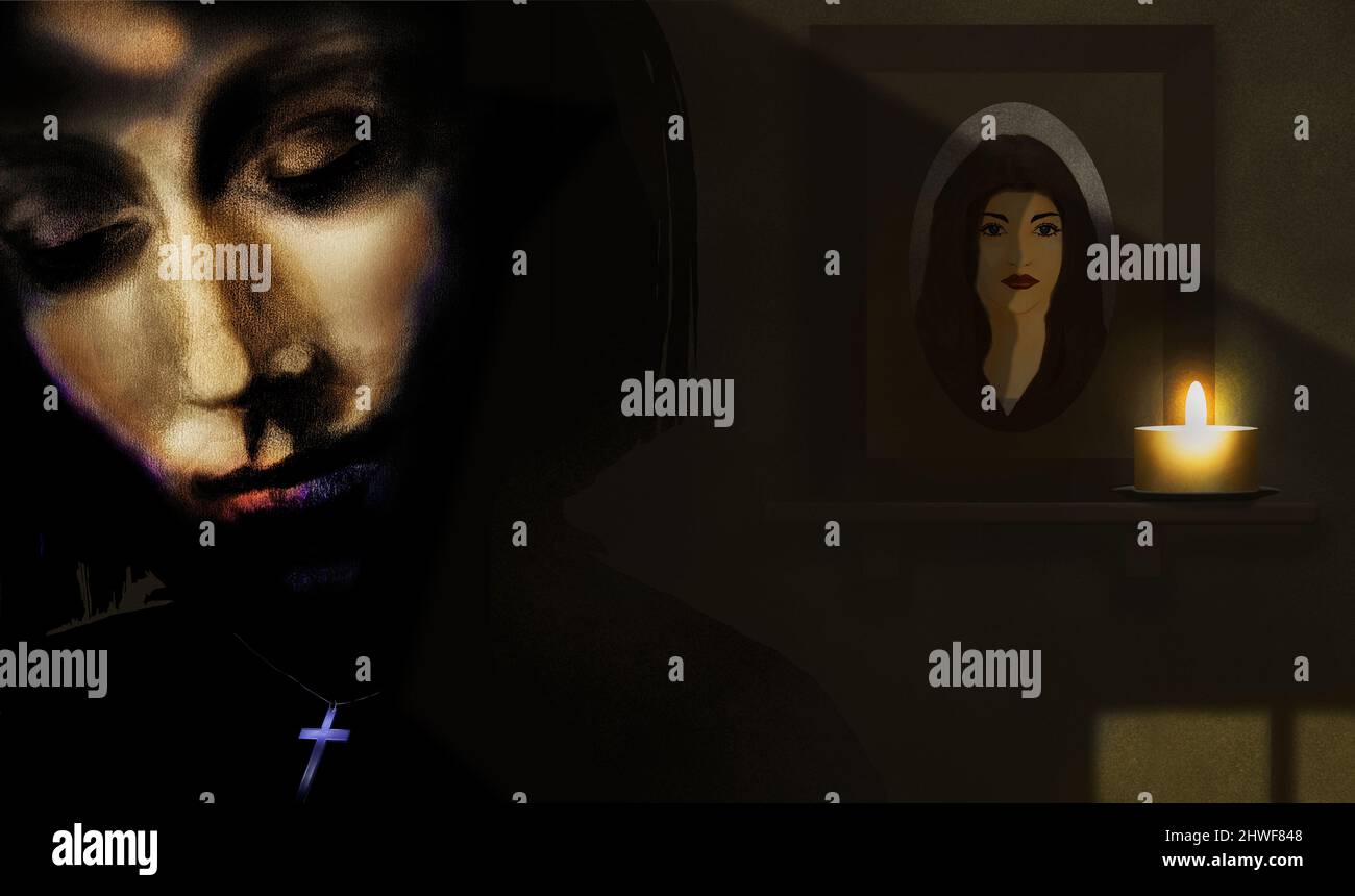 In dieser 3-d-Abbildung wird an einen verstorbenen Angehörigen erinnert und eine Kerze angezündet. Stockfoto