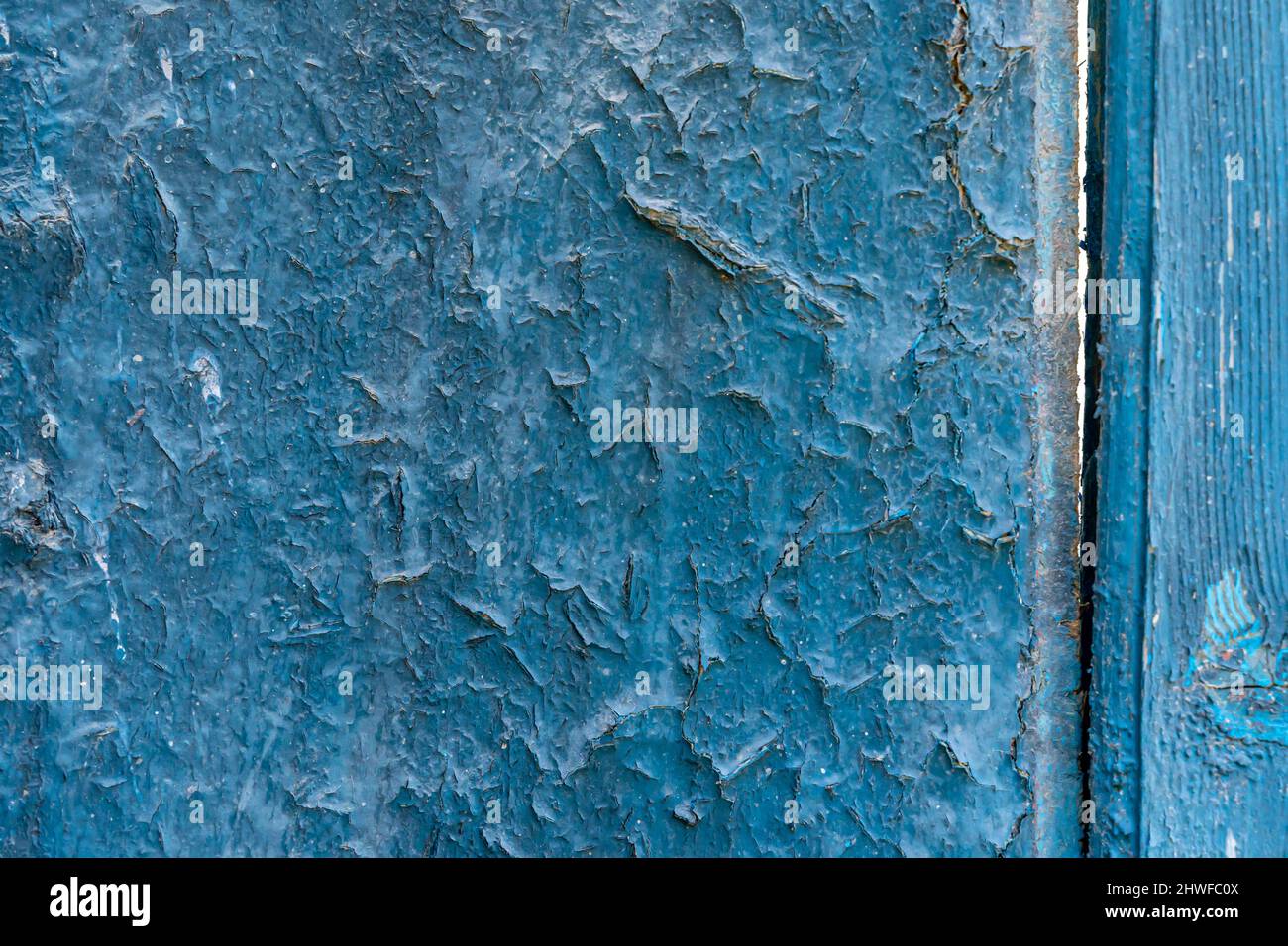 Blaue Farbe schälte sich an einer alten Holztür mit verwitterter Farbe Stockfoto