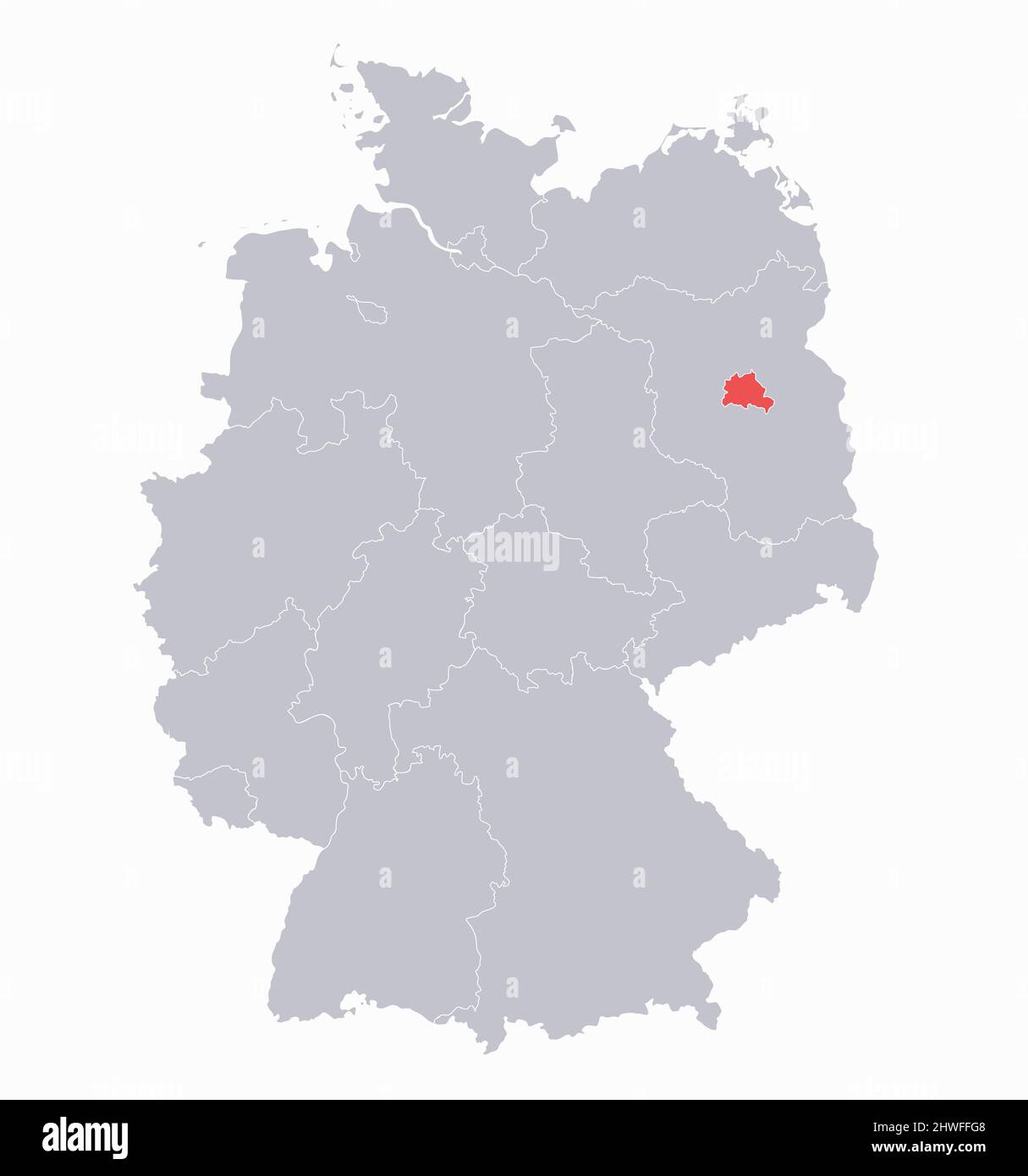 Karte von Deutschland, Regionen und Hauptstadt, grau auf weißem Hintergrund, leer Stockfoto