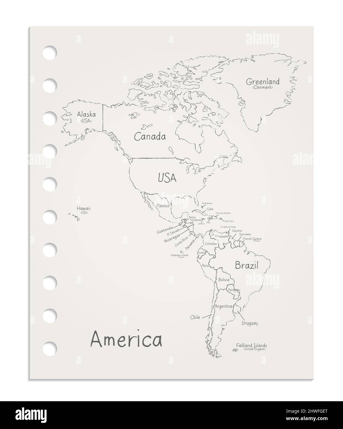 Amerika-Karte auf einem realistisch sauberen Blatt Papier, das vom Blockvektor gerissen wurde Stock Vektor