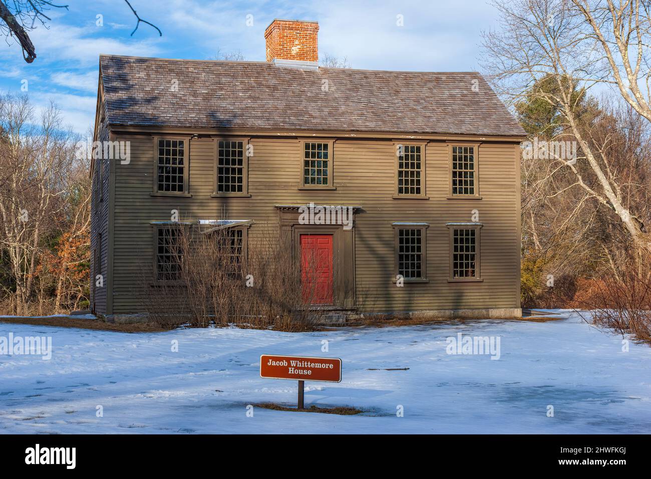 Das Jacob Whittemore House im Winter. Minute Man National Historical Park, Lexington, Massachusetts Stockfoto
