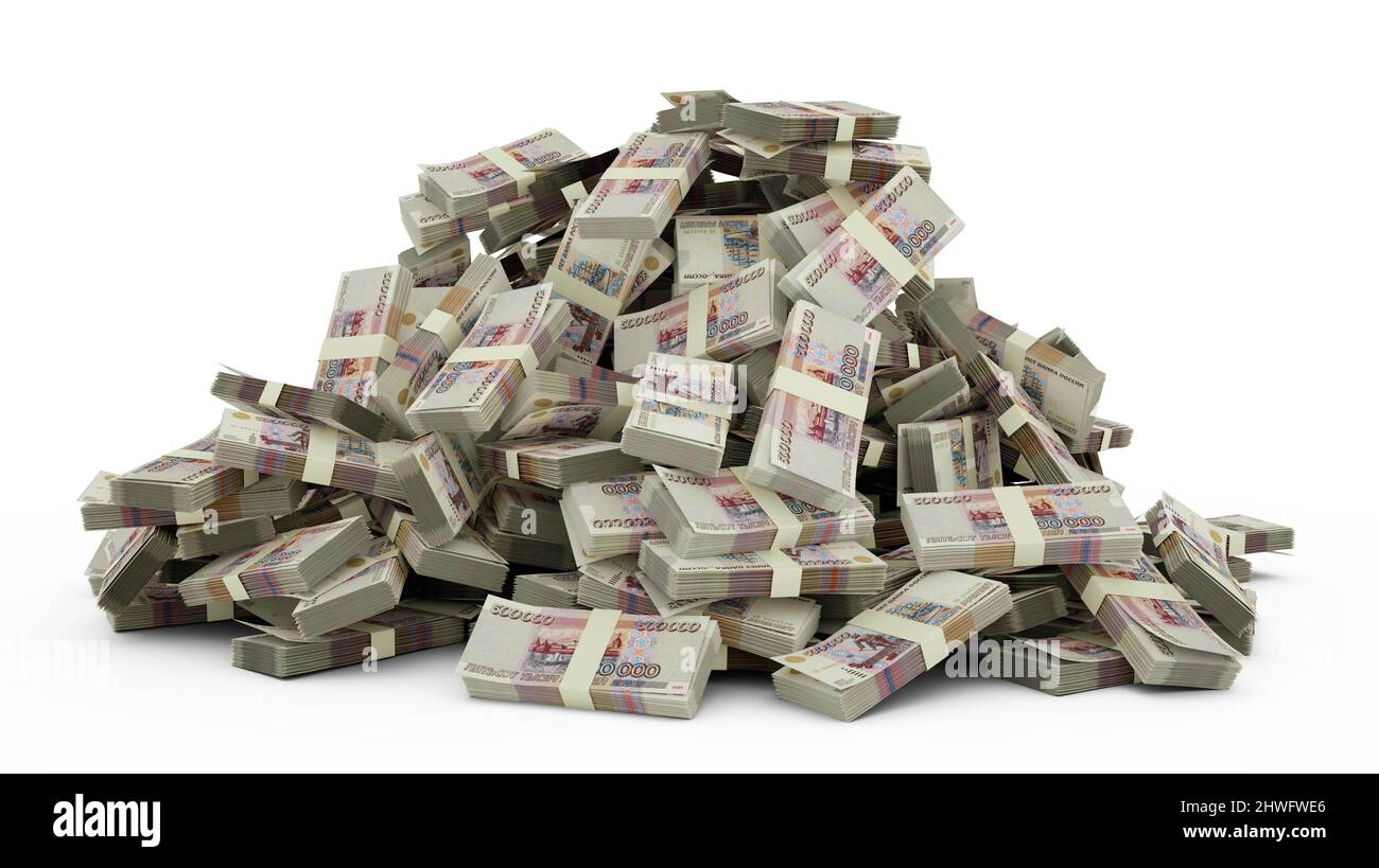 Großer Haufen von 100000 russischen Rubel notiert eine Menge Geld auf weißem Hintergrund. 3D Darbringen von Bargeldpaketen Stockfoto