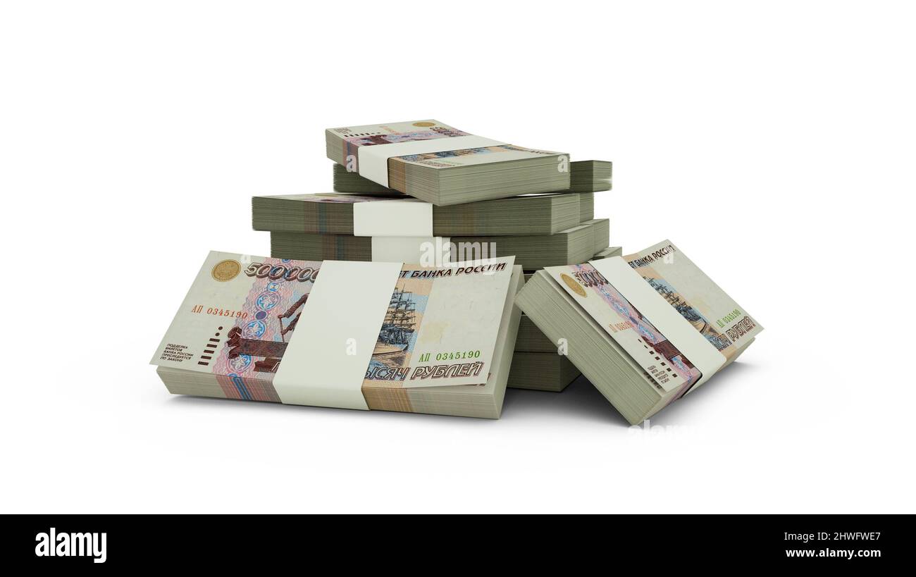 3D Darstellung des Stapels russischer Rubel-Noten. Bündeln russischer Währungsscheine isoliert auf weißem Hintergrund Stockfoto