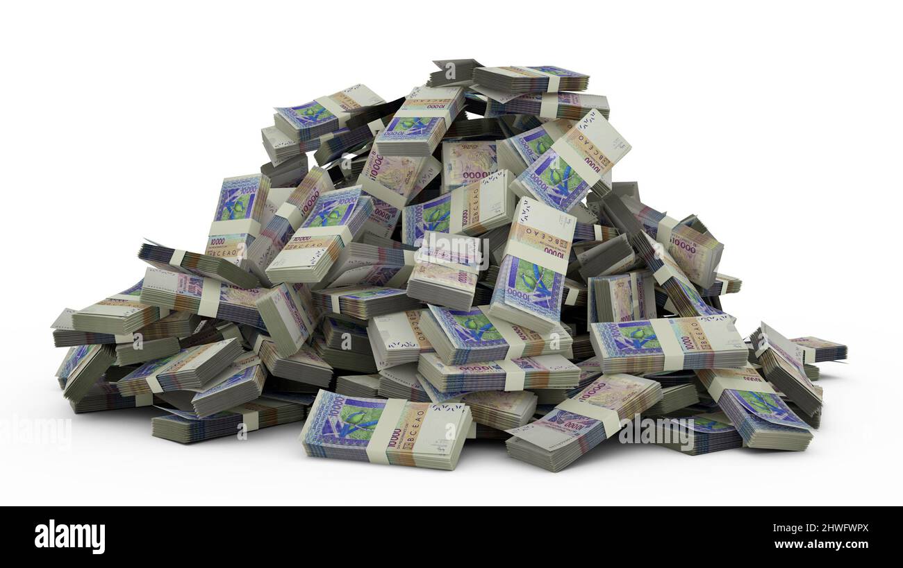 Großer Haufen westafrikanischer CFA-Francs notiert viel Geld über weißem Hintergrund. 3D Darbringen von Bargeldpaketen Stockfoto