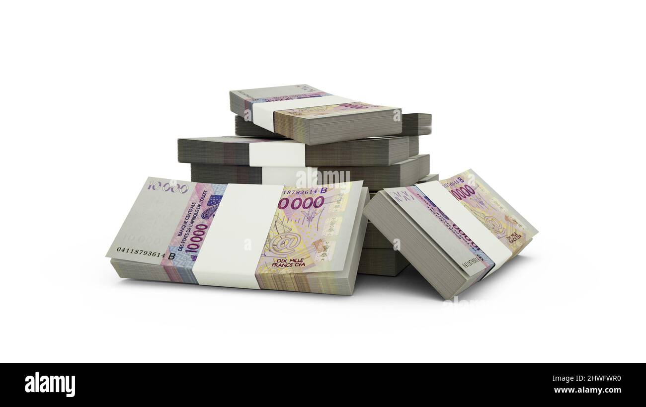 3D Darstellung von Stack von westafrikanischen CFA-Franc-Noten. Bündeln von westafrikanischen CFA-Währungsscheinen isoliert auf weißem Hintergrund Stockfoto