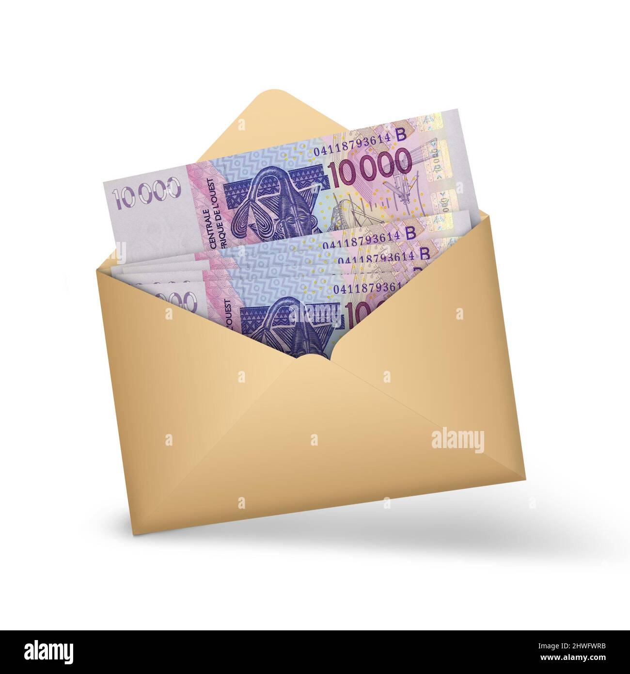 10000 westafrikanische cfa-Frankennoten in einem offenen braunen Umschlag. 3D Darstellung des Geldes in einem offenen Umschlag Stockfoto