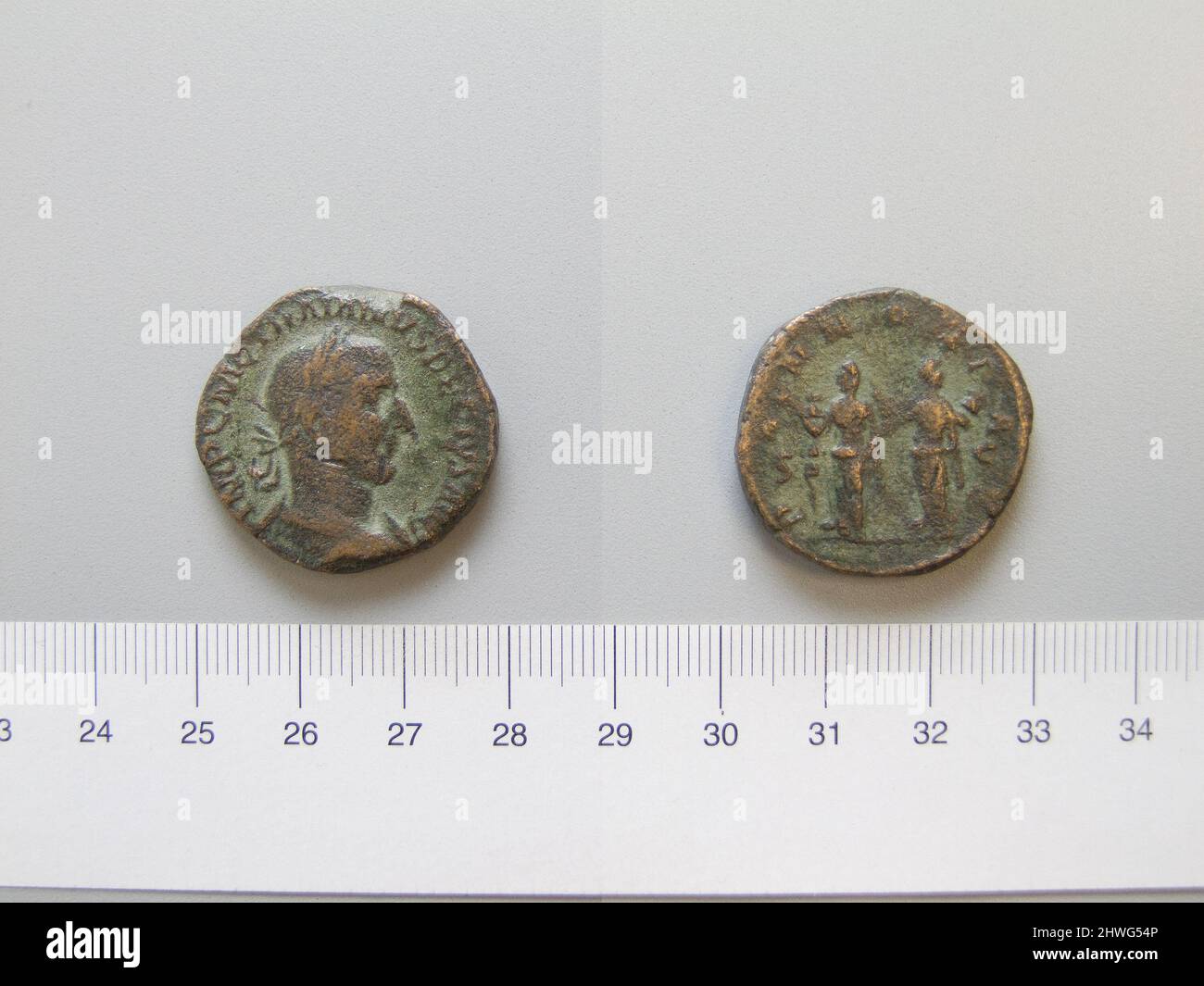 Sestertius von Trajan Decius, Kaiser von Rom aus. Herrscher: Trajan Decius, Kaiser von Rom, 201–251 n. Chr., regiert 249–51 Münzstätte: Rom Künstler: Unbekannt Stockfoto