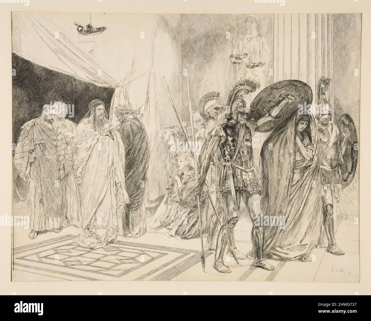 Die Gefangenschaft der Königin - Akt II, Szene I, die Wintermärchen. Künstler: Edwin Austin Abbey, amerikanisch, 1852–1911, M.A. (HON.) 1897 Stockfoto