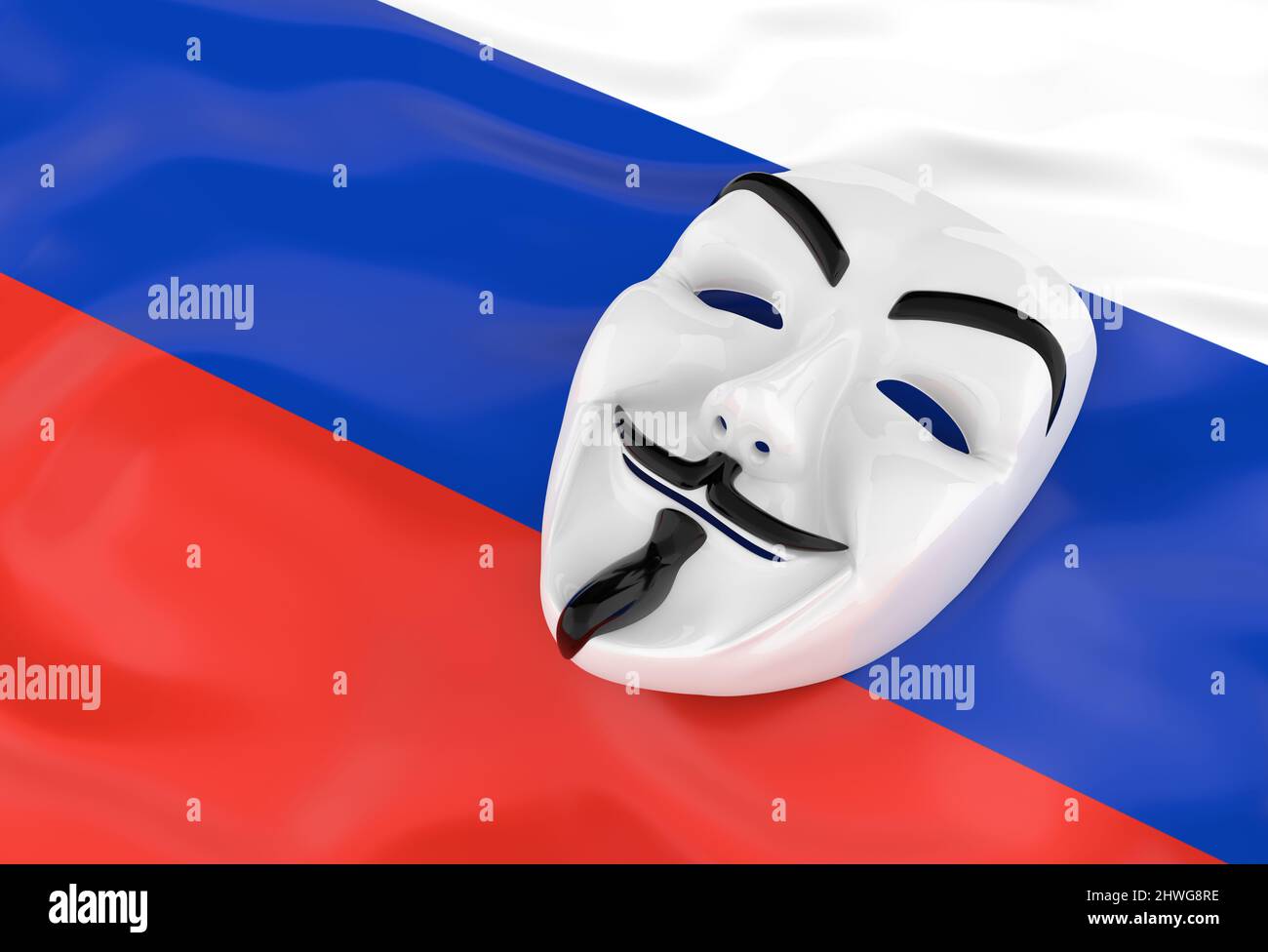 3D Darstellung der anonymen Maske auf russischer Flagge Stockfoto