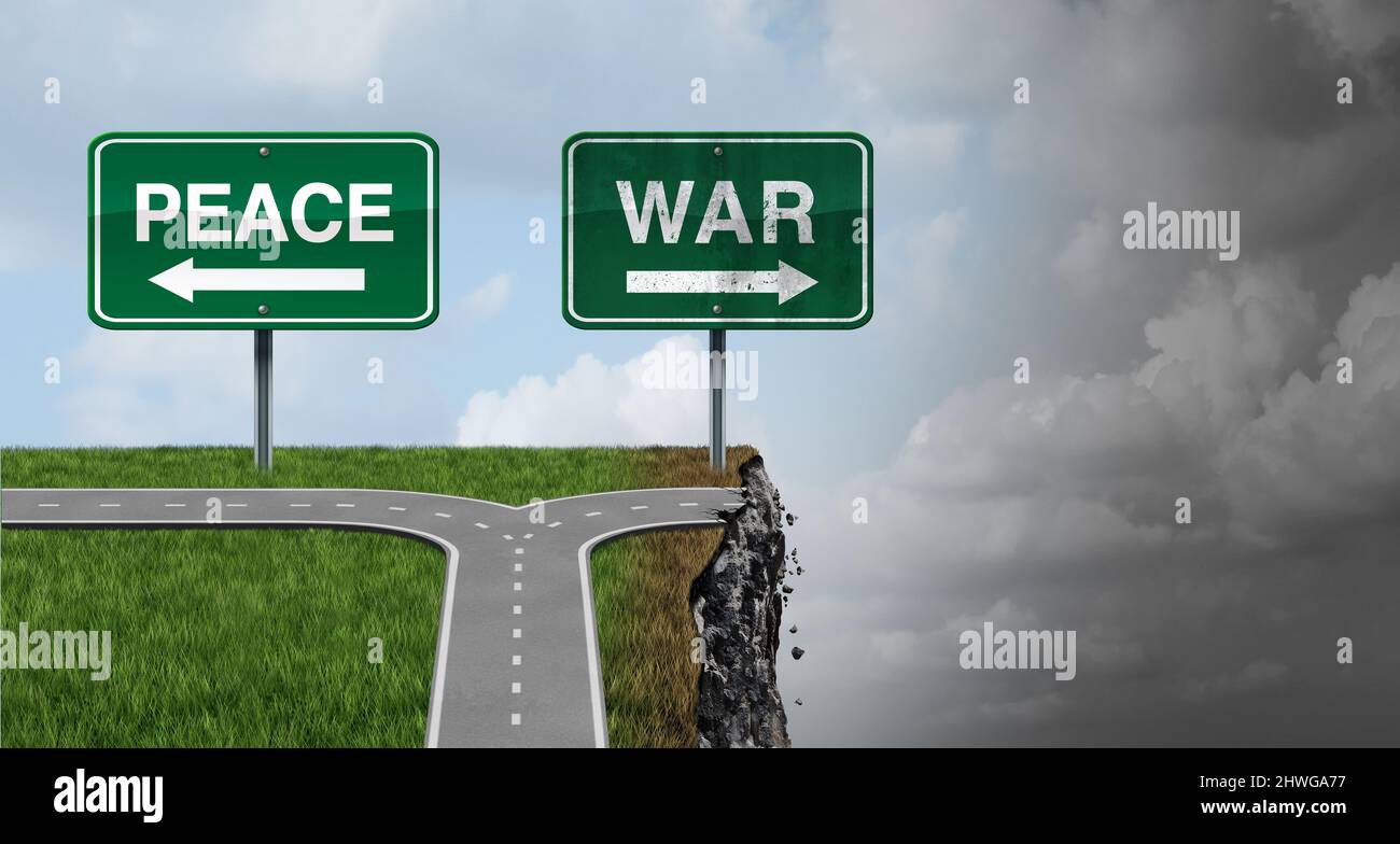 Frieden oder Krieg Konzept als zwei Richtungen als eine, die in Tragödie und Zerstörung oder diplomatische Vereinbarung führt, um Schmerz und Tod zu vermeiden. Stockfoto