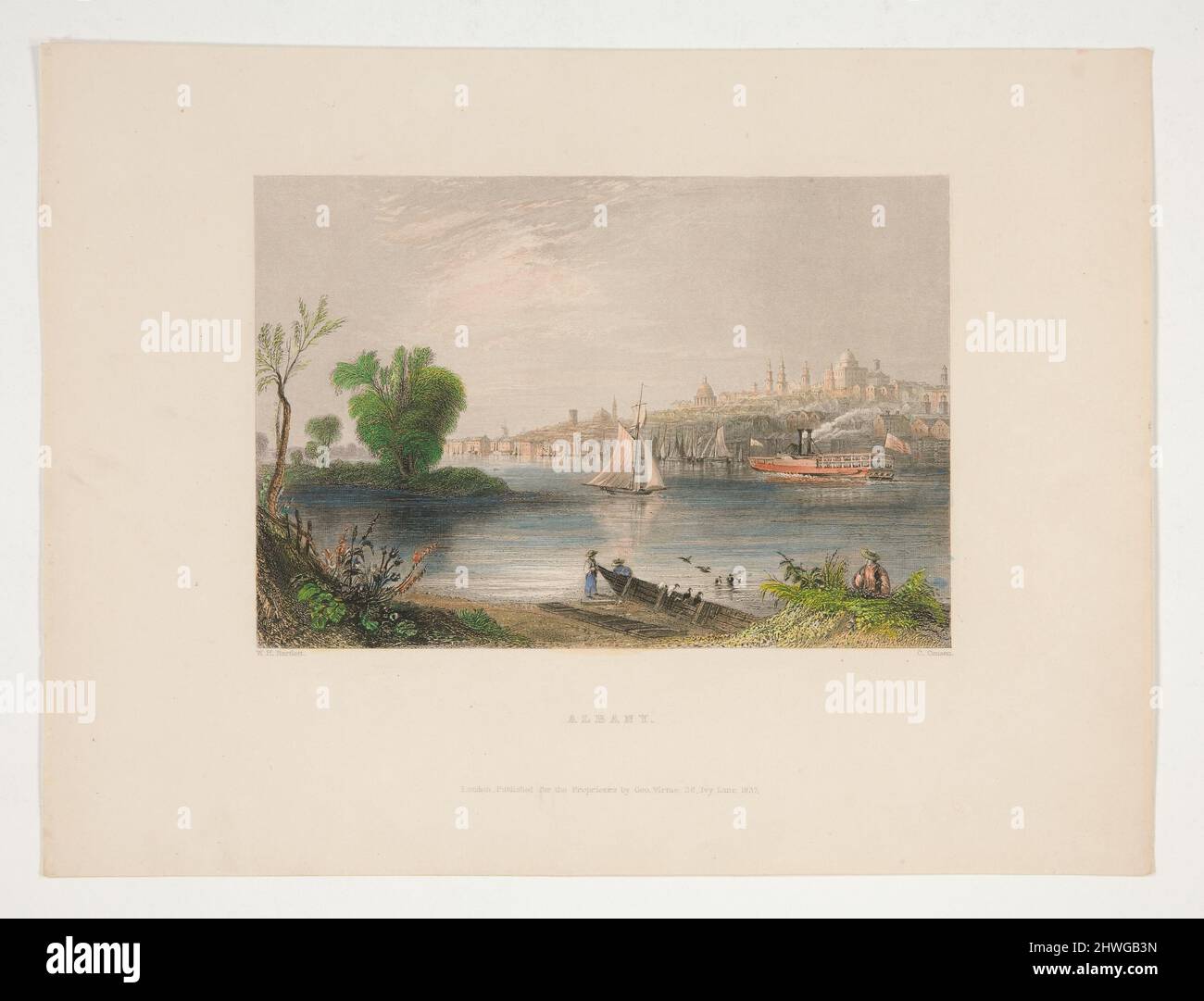 Albany, Illustration für Nathaniel Parker Willis Buch American Scenery. Künstler: Charles Cousen, Brite, ca. 1819–1899After: William Henry Bartlett, britisch, 1809–1854Publisher: George Virtue, britisch, 1793–1868 Stockfoto