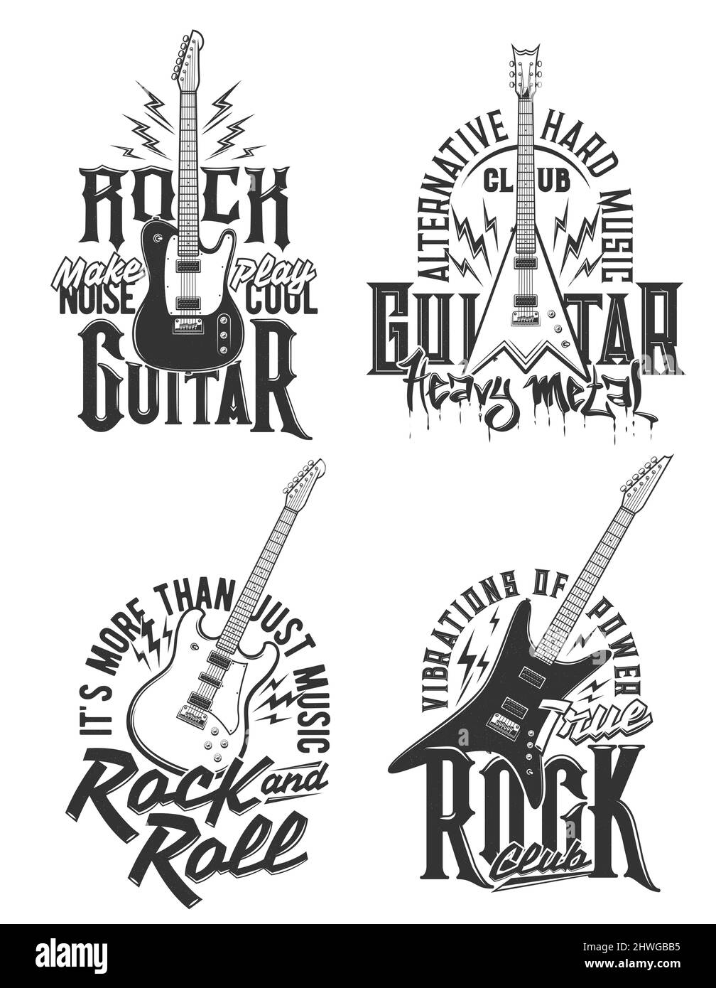 T-Shirt-Prints mit E-Gitarren, Vektoremblemen für Hard-Rock-Musik im Club- oder Banddesign. T-Shirt monochrome Drucke mit Typografie für mus Stock Vektor