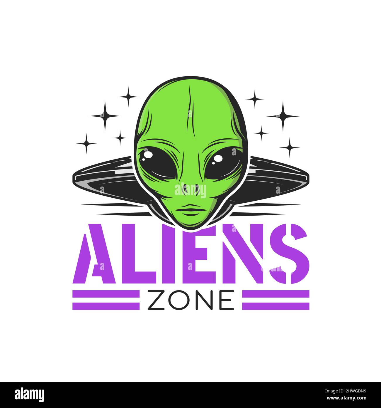 Aliens Zone Symbol mit außerirdischen Gesicht und Alien-Raumschiff. Weltraumgalaxie Exploration und Forschung Vektor Aufkleber, UFO-Territorium Zeichen mit fliegender Untertasse und humanoid Alien mit grüner Haut Stock Vektor