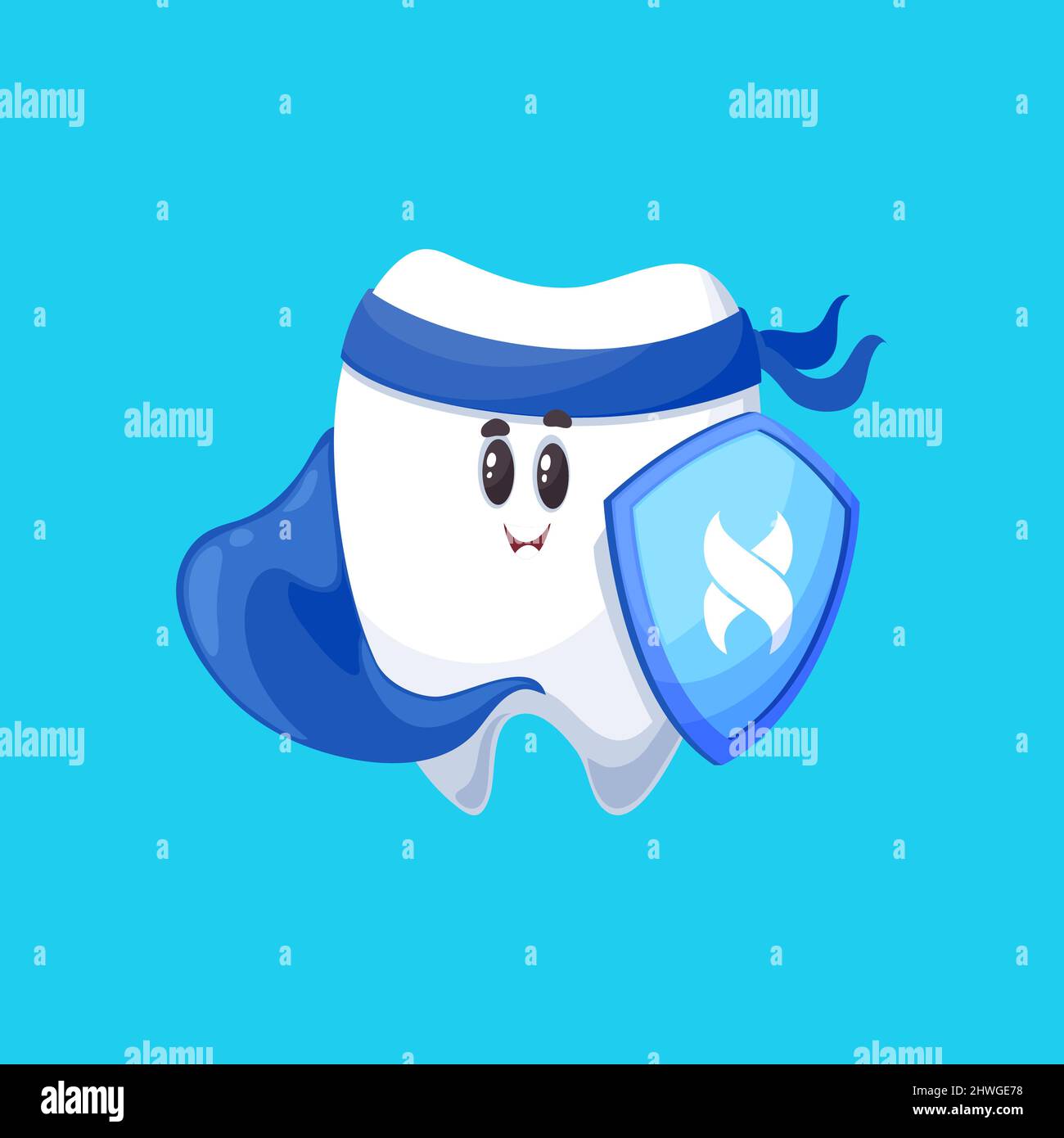 Gesunde Zahn lustige Emoticon mit blauem Umhang und Schild isoliert Cartoon-Charakter. Vektor molare Zähne, Aufhellung, saubere Mundhygiene und Zahnmedizin Service Emblem. Zahnschmerzen und Schmerzen, menschlicher Zahn Stock Vektor
