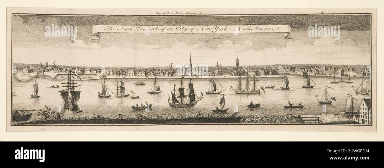 Der südliche Ausblick der Stadt New York in Nordamerika. Künstler: William Burgis, Amerikaner, aktiv 1716–31 Stockfoto