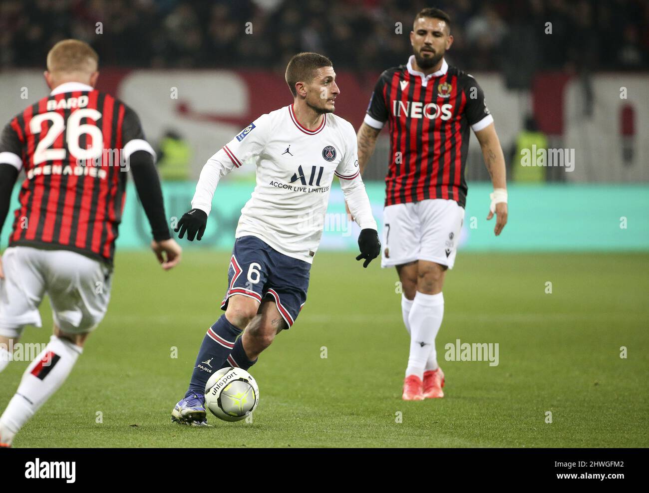 Marco Verratti von PSG während des Fußballspiels der französischen Ligue 1 zwischen dem OGC Nice (OGCN) und Paris Saint-Germain (PSG) am 5. März 2022 im Allianz Riviera Stadion in Nizza, Frankreich - Foto: Jean Catuffe/DPPI/LiveMedia Stockfoto
