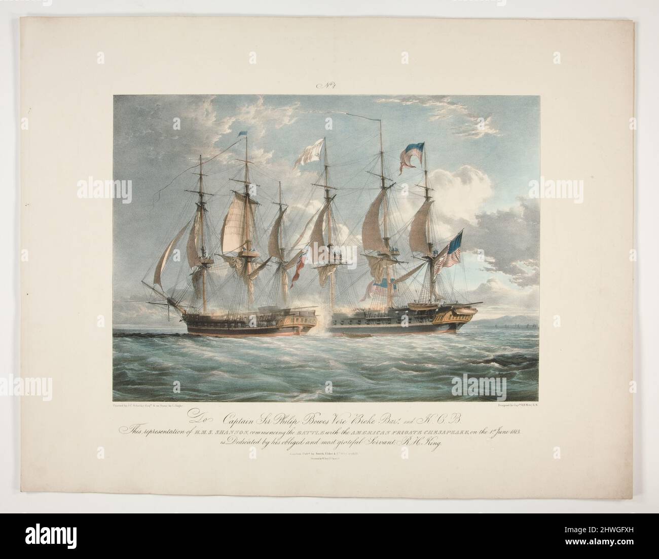 Und Shannon. Gebundener Satz von vier Ansichten der Seeschlacht, einem Porträt von Sir Philip Vere Broke und einem Schlachtfeld und Text - alles in den Originalhüllen. Künstler: L. Haghe, AmerikanerNach: J. C. Schetkey, Amerikaner Stockfoto