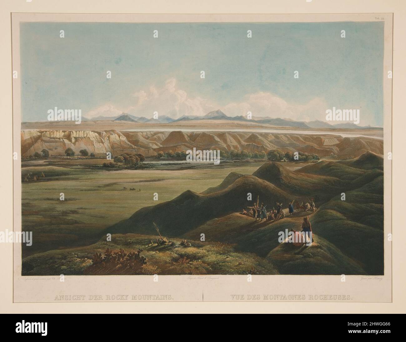 View the Rocky Mountains. Vue des Montagnes Rocheuses (Blick auf die Rocky Mountains), aus dem Buch Maximilian, Prince of Wied’s, Travels in the Interior of North America (London: Ackermann & Co., 1841). Radierer: Sigismond Himely, französisch, 1801–1872After: Karl Bodmer, Schweizer, 1809–1893Printer: Finot & Bougeard Stockfoto