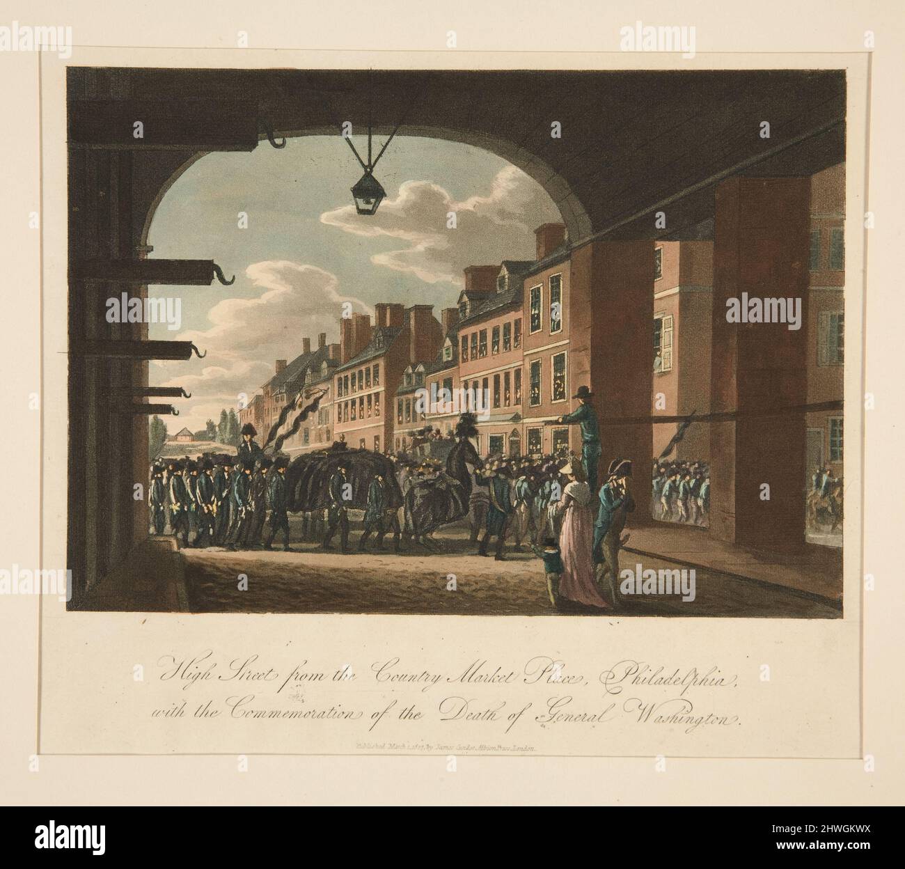 High Street vom Country Market Place, Philadelphia, mit dem Gedenken an den Tod von General Washington. Kupferstecher: William Russell Birch, britisch, 1755–1834Publisher: James Cundee, britisch, aktiv 1799–1833 Stockfoto