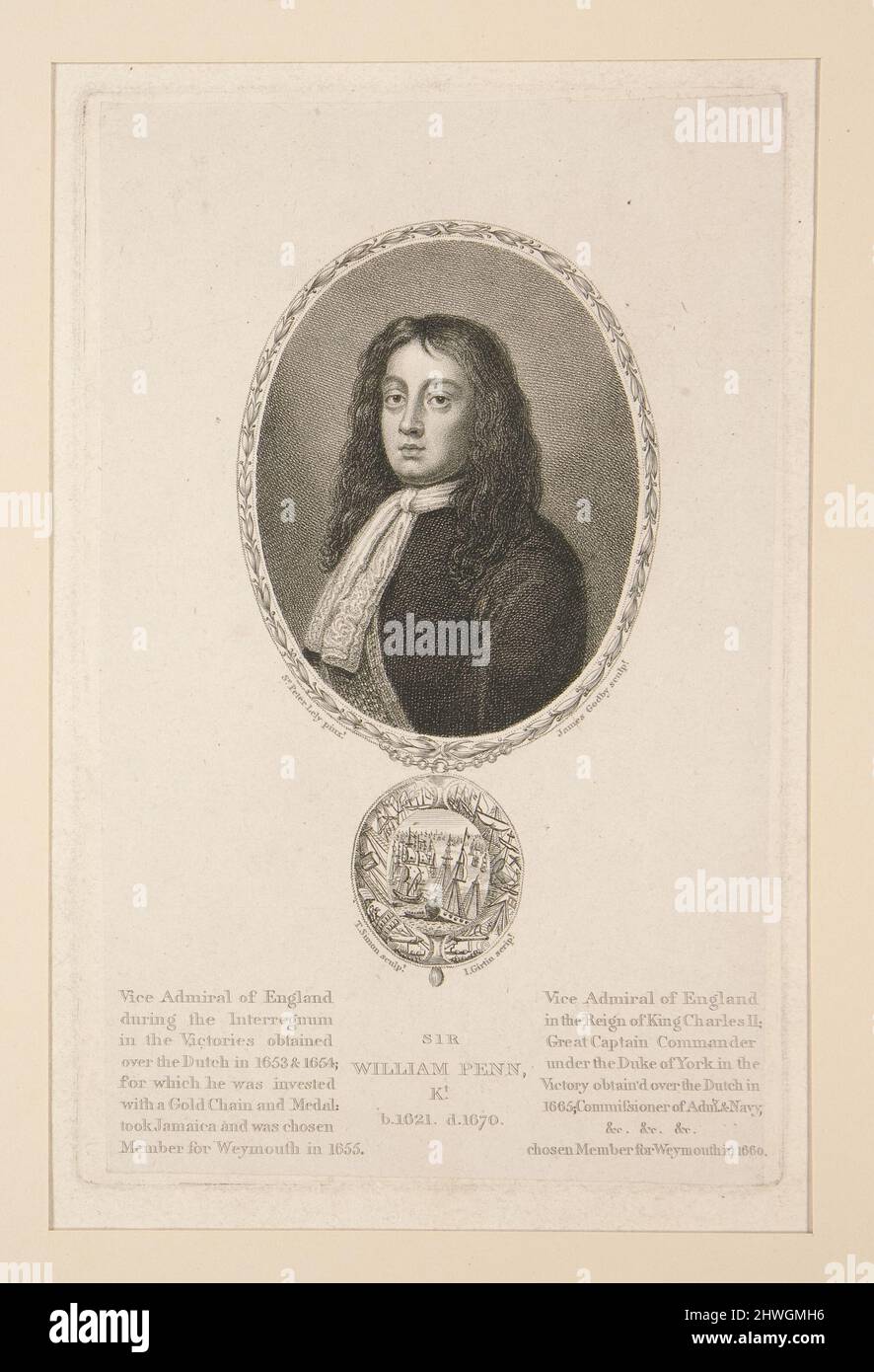 Sir William Penn, K! b. 1621, d. 1670. Künstler: James Godby, Brite, aktiv 1790–1820After: Peter Lely, Brite, 1618–1680 Stockfoto