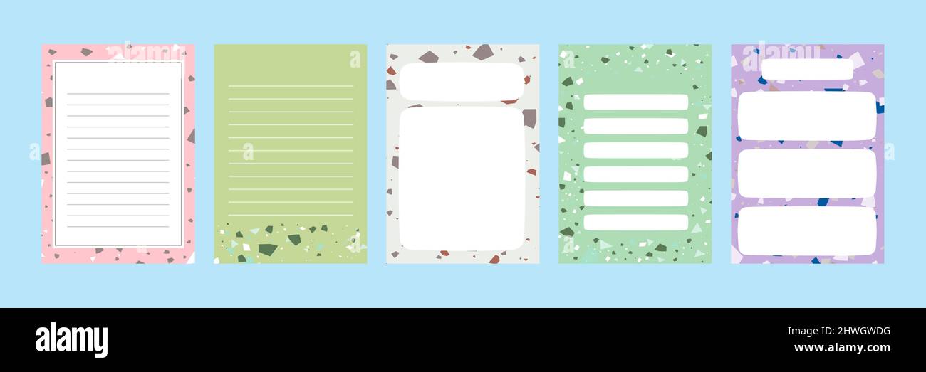 Legen Sie eine Sammlung von bunten leeren Memo Note Letter Datei Dokument Tagebuch Buch Vorlage Layout mit abstrakten Terrazzo nahtlose Muster. Moderne Minimalisti Stock Vektor