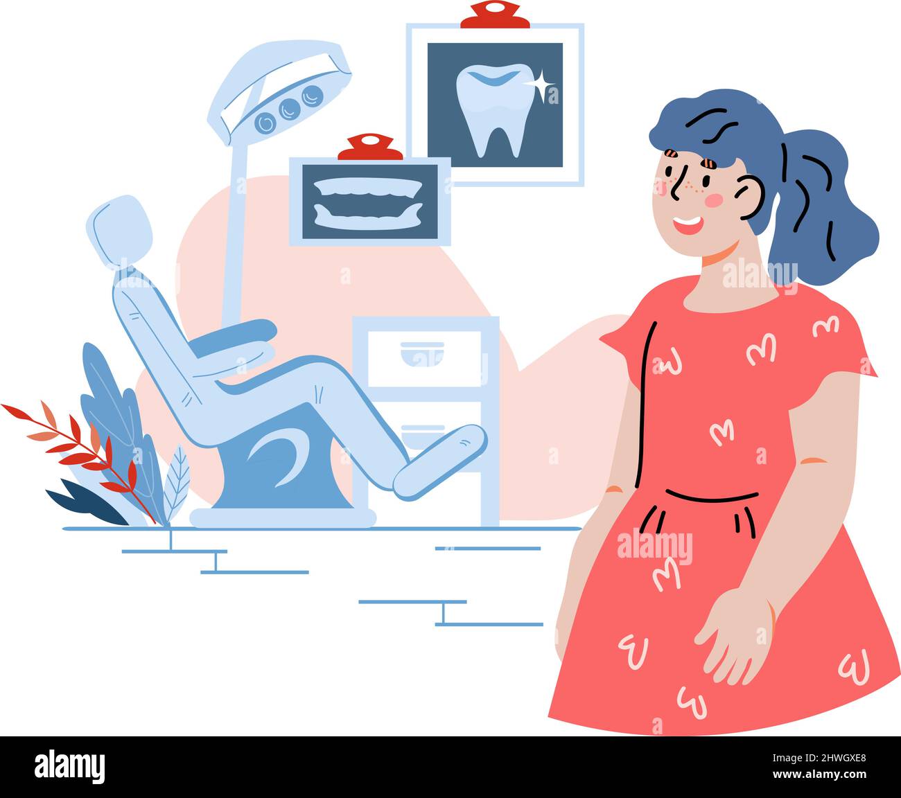 Nettes Kind Mädchen gehen, um Zahnarzt zu besuchen, flache Cartoon-Vektor-Illustration isoliert auf weißem Hintergrund. Kinderzahnmedizin und Kinderoralpflege. Stock Vektor