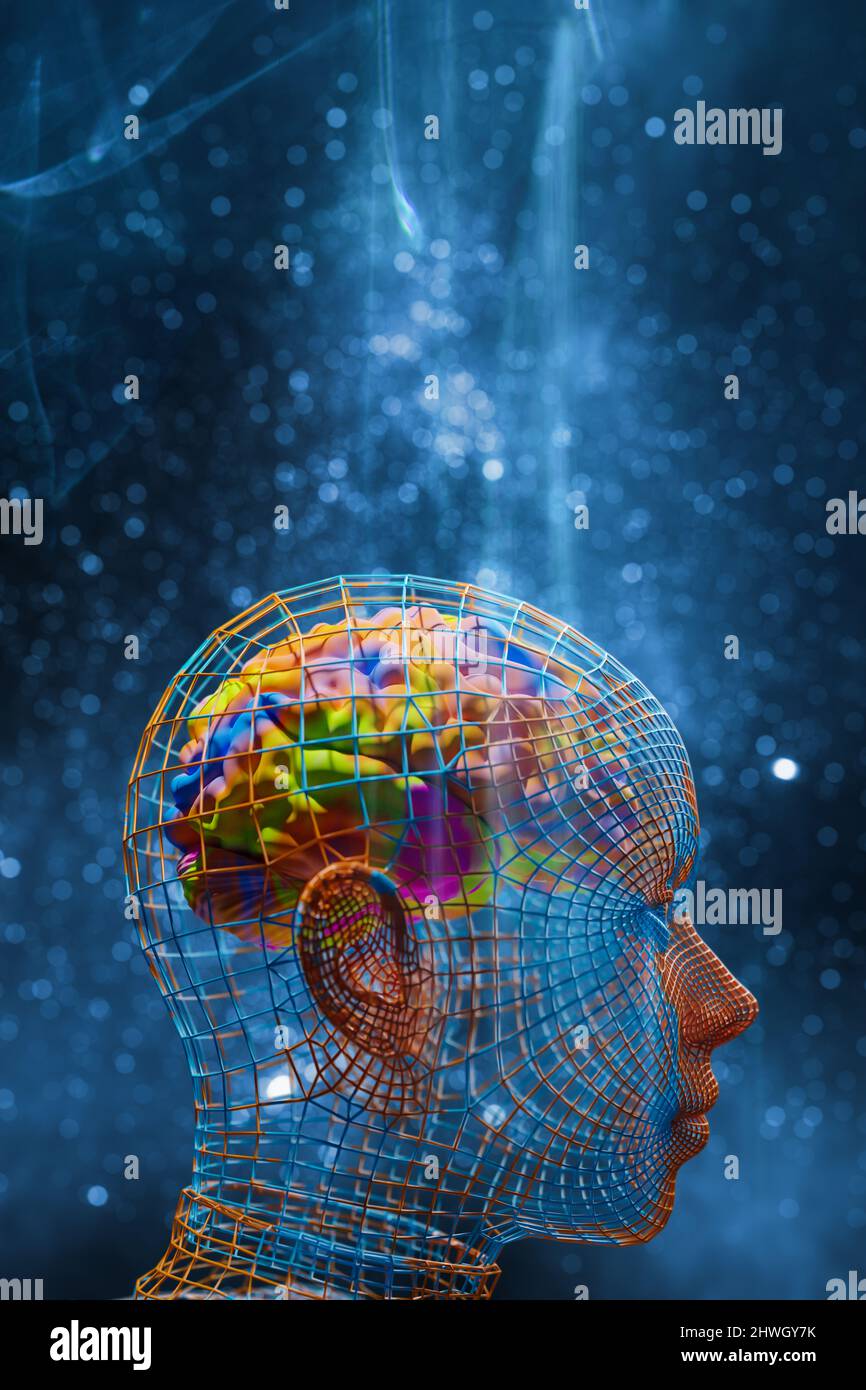 Farbenfrohes kreatives Gehirn im menschlichen Drahtmodell-Kopf. Kreativität, Lernen und wissenschaftlicher Hintergrund. 3D Rendern. Stockfoto