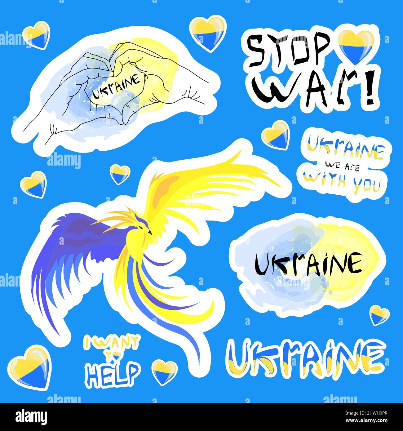 Bleiben Sie in der Ukraine. Vektor-Aufkleber zur Unterstützung der Ukraine. Gelb-blaues Herz, T-Shirt-Print. Das Konzept der Krieg zu stoppen Stock Vektor