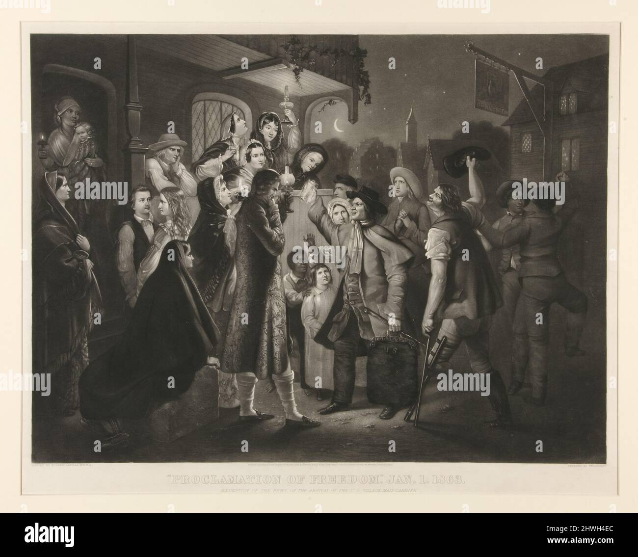 „Proklamation of Freedom“, 1. Januar 1863. Empfang der Nachrichten über die Ankunft des US Village Mail-Carrier.. Künstler: Thomas Doney, Amerikaner, B.. Frankreich, aktiv 1844-1849 Stockfoto „Proklamation of Freedom“, 1. Januar 1863. Empfang der Nachrichten über die Ankunft des US Village Mail-Carrier.. Künstler: Thomas Doney, Amerikaner, B.. Frankreich, aktiv 1844-1849 Stockfoto
