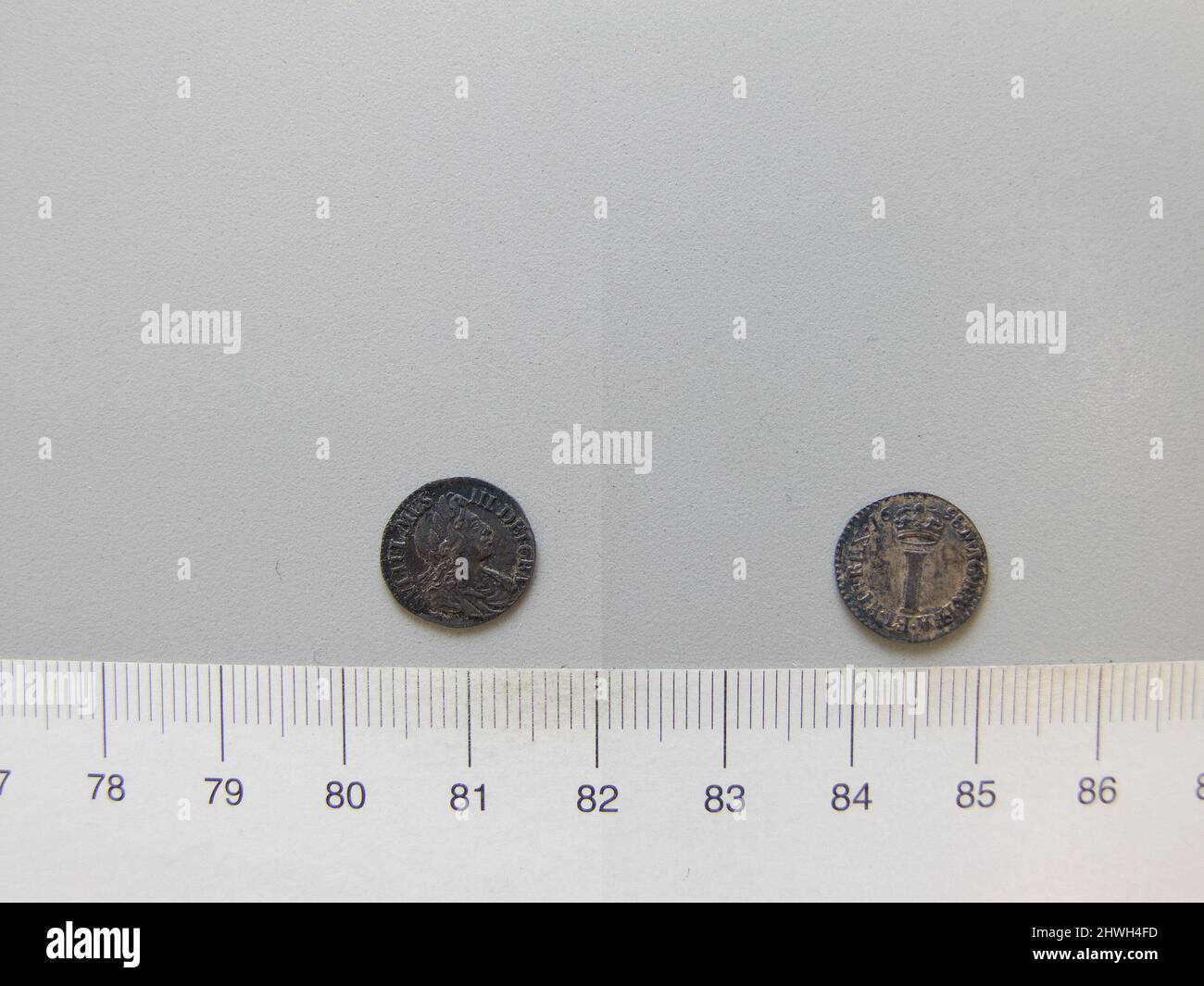 1 Pence von Wilhelm III., König von England aus London. Herrscher: William III., König von England, Brite, 1650–1702, regiert 1689–1702 Münzstätte: London Künstler: Unbekannt Stockfoto