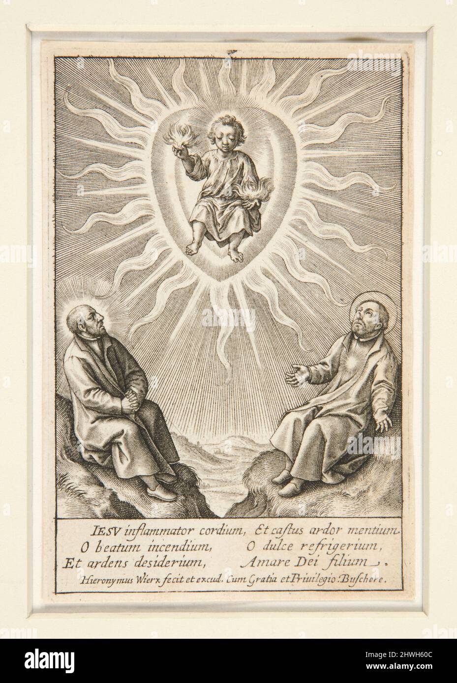 Das Kindlein mit einem flammenden Herzen zwischen Ignatius von Loyola und Francis Xavier. Künstler: Hieronymus Wierix, Flämisch, 1553–1619 Stockfoto Das Kindlein mit einem flammenden Herzen zwischen Ignatius von Loyola und Francis Xavier. Künstler: Hieronymus Wierix, Flämisch, 1553–1619 Stockfoto
