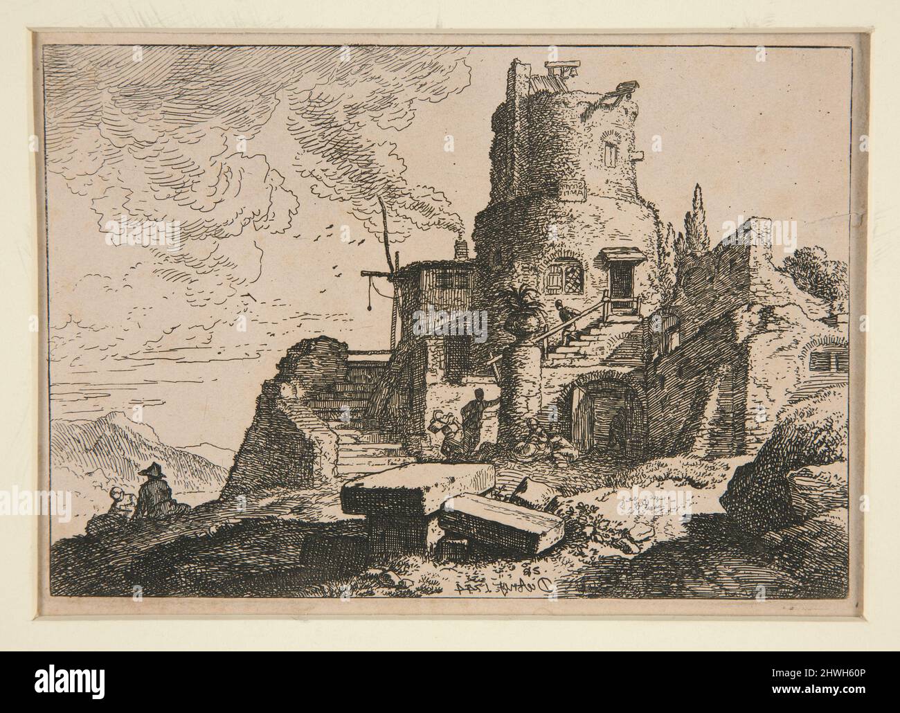 Landschaft mit Turm. Künstler: Christian Wilhelm Ernst Dietrich, Deutsch, 1712–1774 Stockfoto