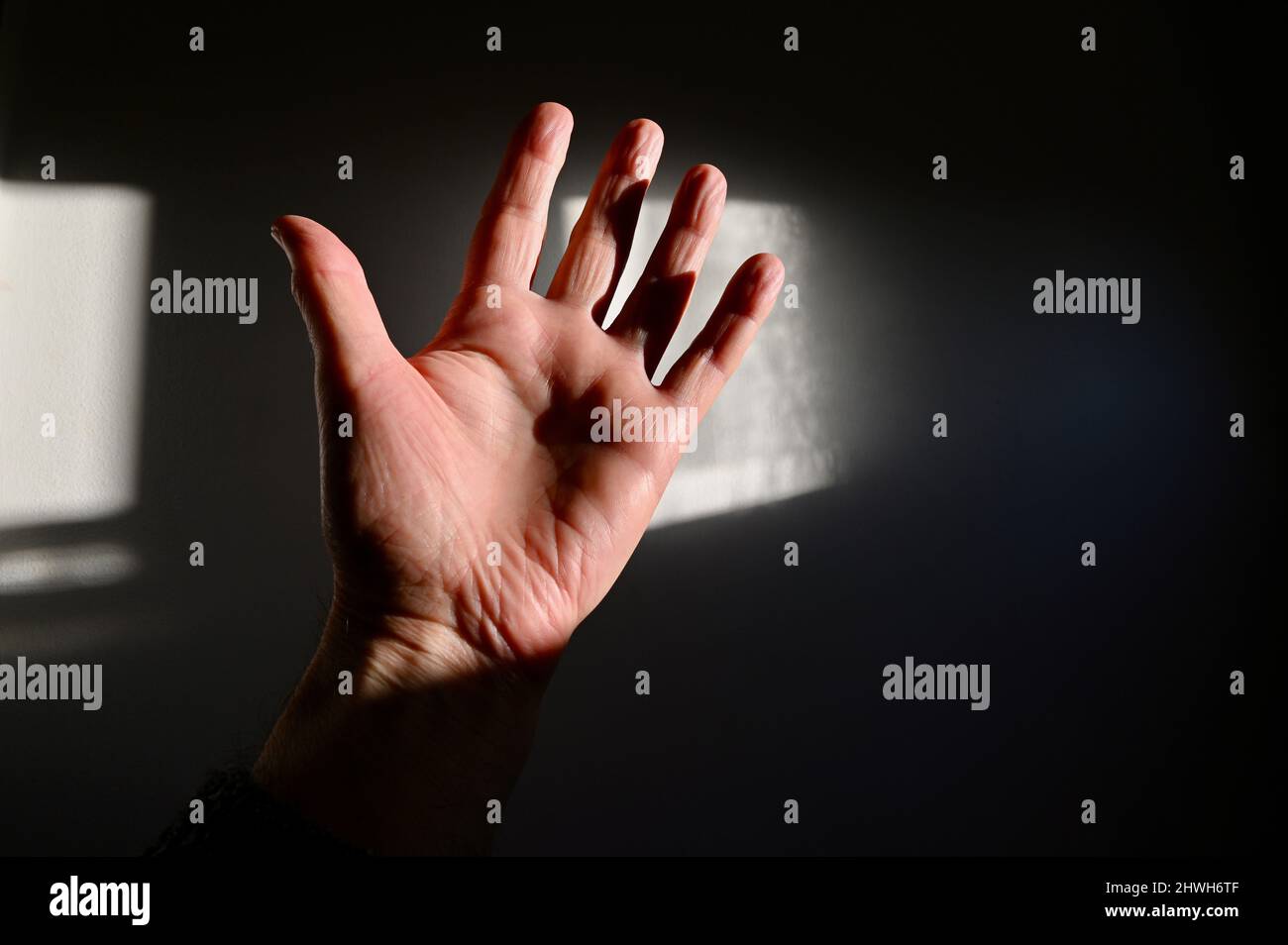 Nahaufnahme der offenen Hand eines älteren Mannes. Stockfoto
