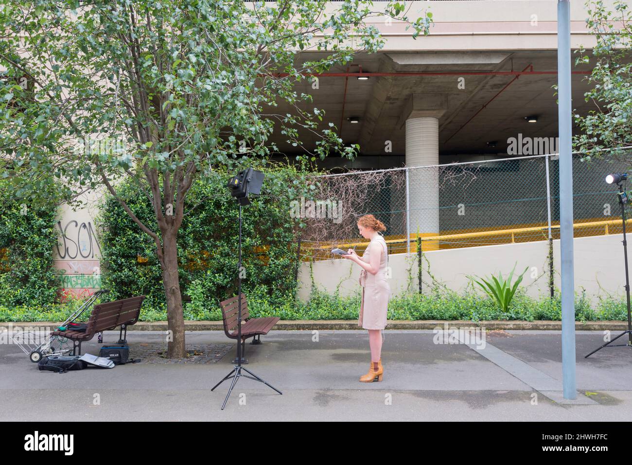 Eine Journalistin, macht die Nachrichtenreporterin einige letzte Notizen, bevor sie einen Bericht an die Kamera aufnimmt. Ort: The Goods Line, Ultimo, Sydney, Australien Stockfoto