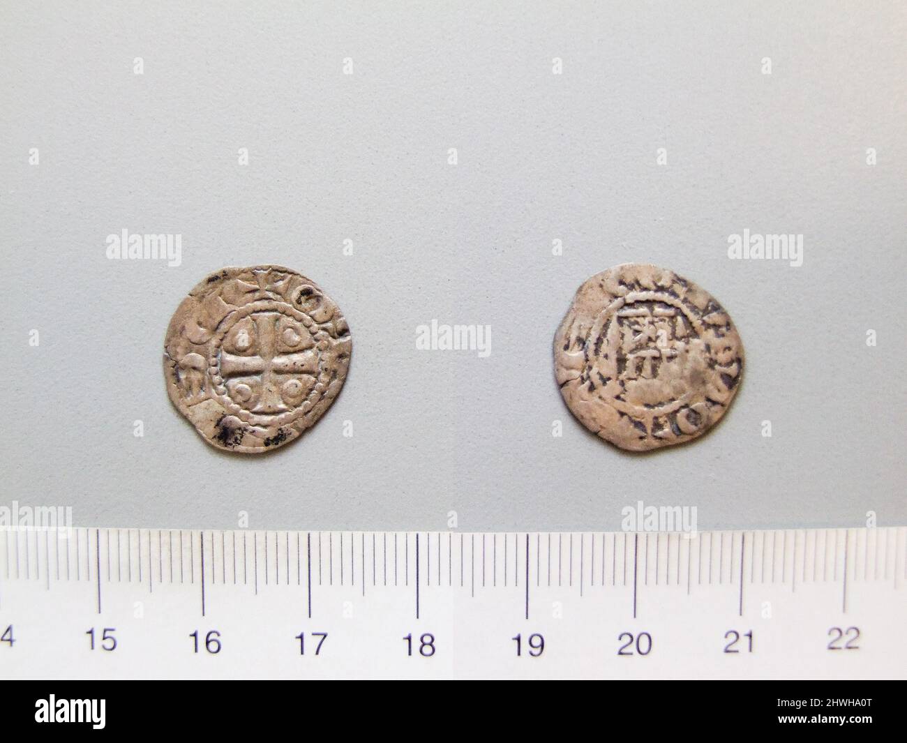 1 Denier von Guy de Lusignan, König von Jerusalem und Zypern aus Jerusalem. Herrscher: Guy de Lusignan, König von Jerusalem und Zypern, Französisch, ca. 1150–1194 Münzstätte: Zypern Stockfoto