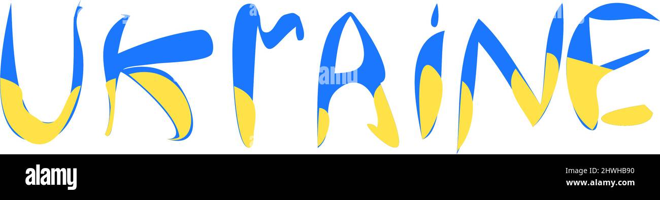 Die Inschrift in den Nationalfarben der Ukraine. Vektor-Illustration zur Unterstützung der Ukraine. Gelb-blauer Hintergrund, T-Shirt-Print. Stoppen Sie den Krieg Stock Vektor