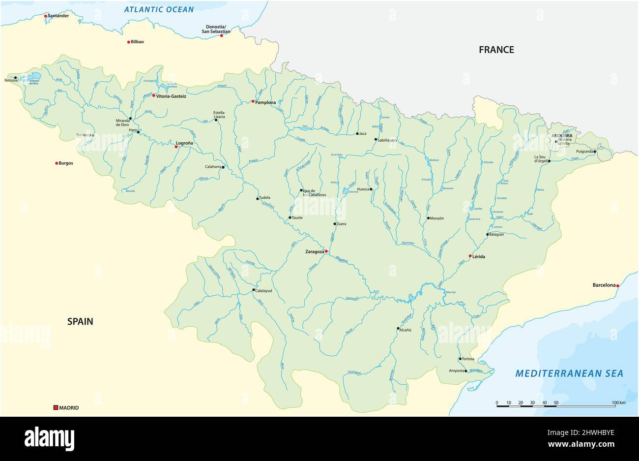 Vektorkarte des Ebro-Flusseinzugsgebiets, Spanien Stock Vektor